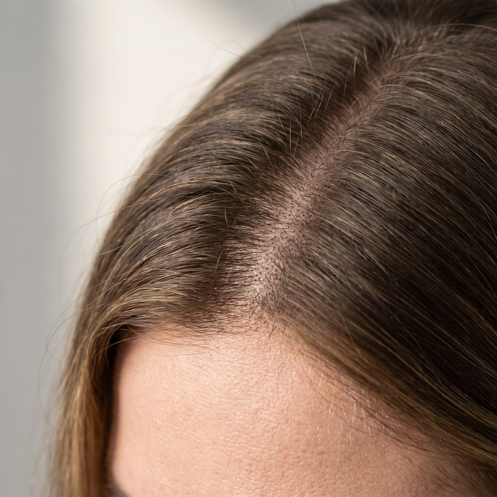 Haarpigmentation am Scheitel: feine Punkte füllen die Kopfhaut zwischen den Haaren optisch auf